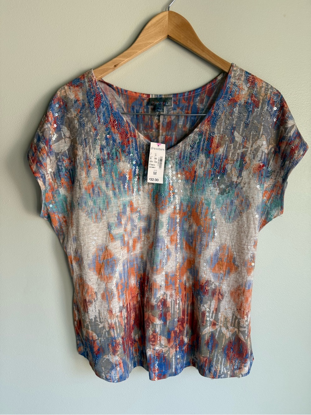 NWT Roz & Ali Multicolor Short Sleeve Sequin Top - Blue/Orange/Gray Size Medium